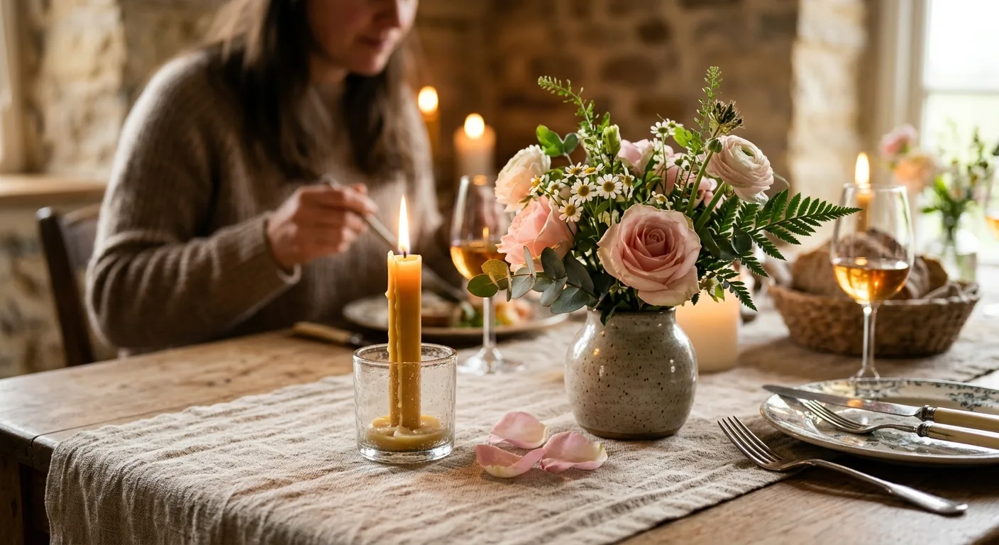 Kaars en bloemen op een gedekte tafel