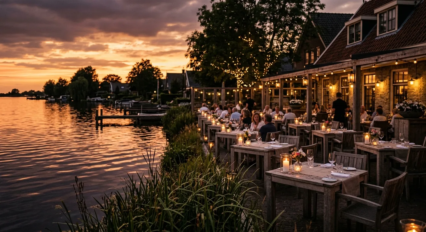Terras van Gasterij Vergeer aan de Reeuwijkse Plassen bij avondlicht