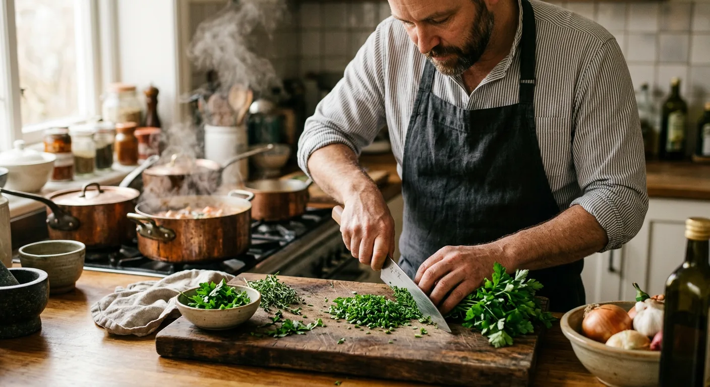 Kok snijdt verse kruiden in de keuken